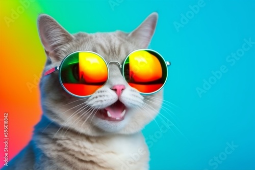 sunglasses neon portrait cute fashion cat animal colourful pet funny. Generative AI.