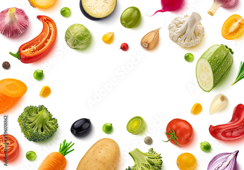 Fototapeta Naklejka Na Ścianę i Meble -  Frame of vegetables isolated on white background, flat lay, top view. Creative layout. Healthy food banner