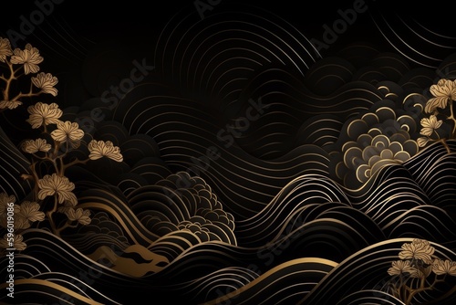 A black and gold background with flowers and waves, Japanese style illustration background created with Generative Ai Technology © pham