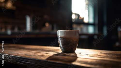 Coffee cup sitting on a wooden table in a cozy coffee shop made with Generative AI