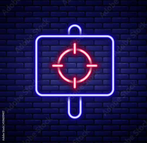 Glowing neon line Target sport icon isolated on brick wall background. Clean target with numbers for shooting range or shooting. Colorful outline concept. Vector