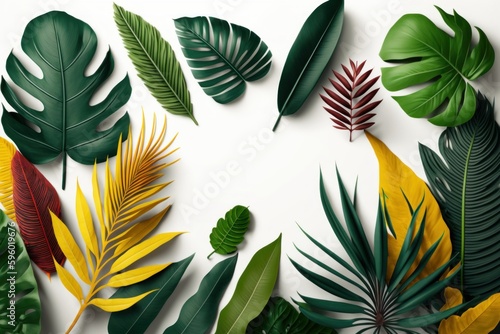 Creative layout made of colorful tropical leaves with copy space for text  created with Generative Ai Technology