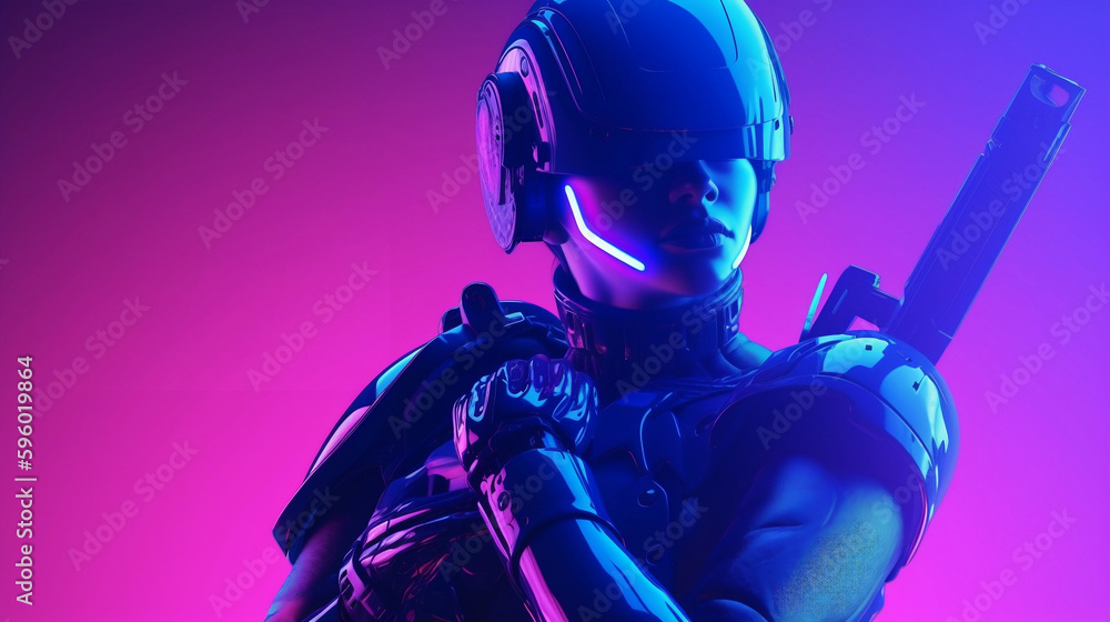 3d render of a person with a background female robot neon blue neon pink synthwave 3d render of a person with a background female robot neon blue neon pink synthwave