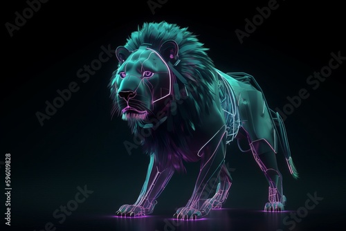 A neon lion standing in the dark, created with Generative Ai Technology