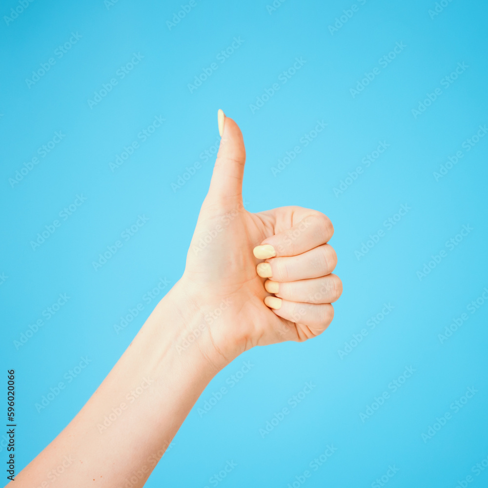 Now thats what I like. Studio shot of an unrecognisable woman showing thumbs up against a blue background. Now thats what I like. Studio shot of an unrecognisable woman showing thumbs up against a blue background.
