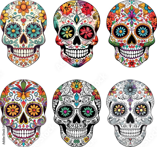 Sugar Skulls. Day of the Dead Skull, isolated on white background. Dia de los Muertos. Mexican sugar skull. Design element for logo, emblem, sign, poster, card, banner. Vector illustration.