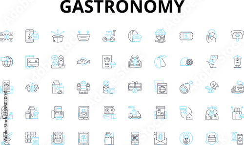 Gastronomy linear icons set. Cuisine, Food, Culinary, Gourmet, Savory, Delicious, Flavorful vector symbols and line concept signs. Tasty,Palatable,Mouthwatering illustration