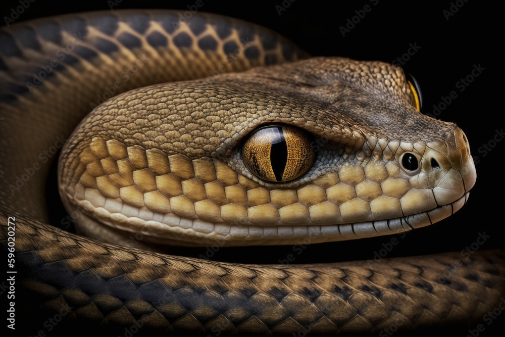 Fototapeta premium A close up of a snake's head with a black background, created with Generative Ai Technology