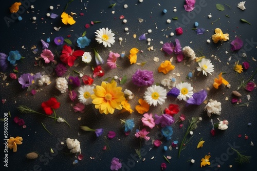 A top view of a creative composition of fresh spring flowers exploding with petals in a field. Mock up with view and copy space. Generative AI