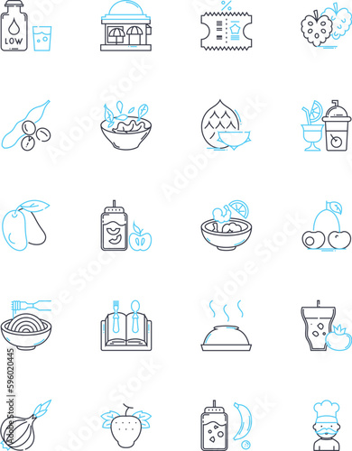 Bistro food linear icons set. Croissant, Baguette, Quiche, Crepe, Ratatouille, Escargot, Charcuterie line vector and concept signs. Coq au Vin,Bouillabaisse,Beef Bourguignon outline illustrations