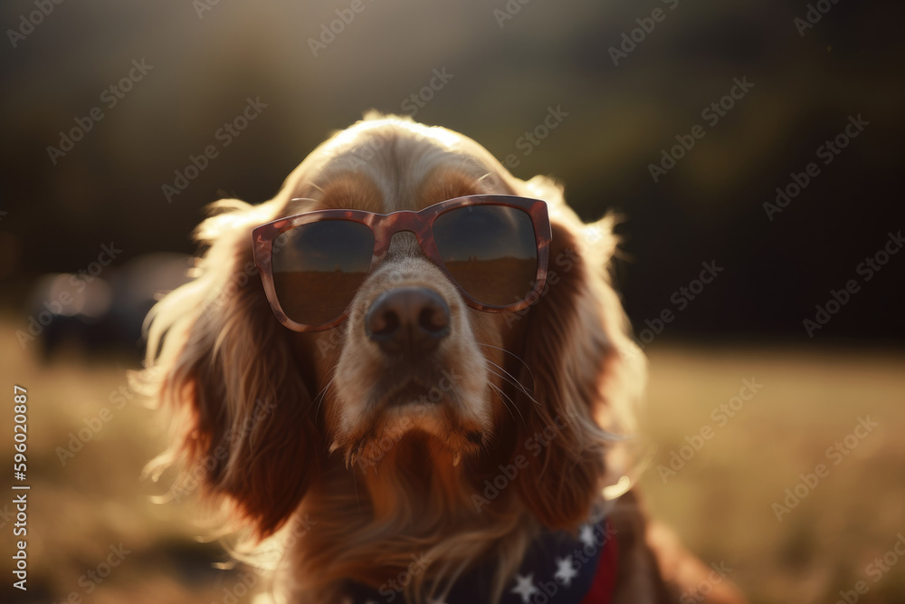 Cute dog with sunglasses and American flag. AI Generated.