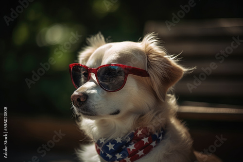 Cute dog with sunglasses and American flag. AI Generated. © ShniDesign