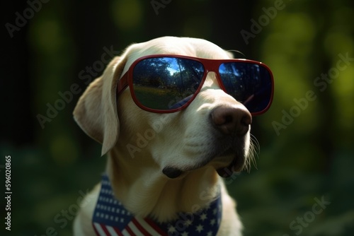 Cute dog with sunglasses and American flag. AI Generated. © ShniDesign