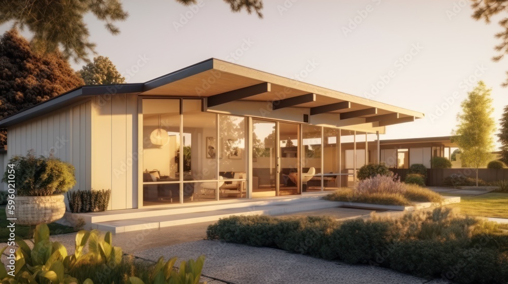 mid-century modern exterior house design in daytime golden hour generative ai