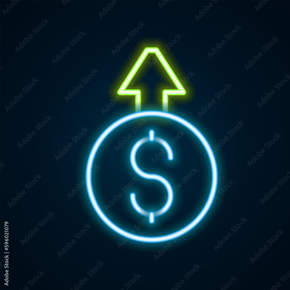Glowing neon line Financial growth dollar coin icon isolated on black background. Increasing revenue. Colorful outline concept. Vector Glowing neon line Financial growth dollar coin icon isolated on black background. Increasing revenue. Colorful outline concept. Vector