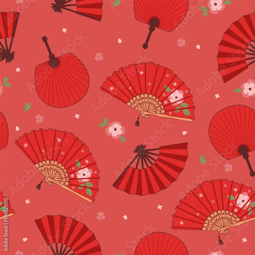 Seamless pattern with hand fans in red colors. Vector graphics.