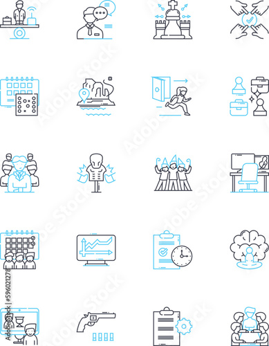Occupational proficiency linear icons set. Skills, Competency, Expertise, Mastery, Proficiency, Capability, Aptitude line vector and concept signs. Dexterity,Talent,Efficiency outline illustrations