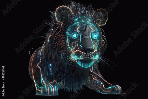 A neon tiger sitting on a black surface, created with Generative Ai Technology