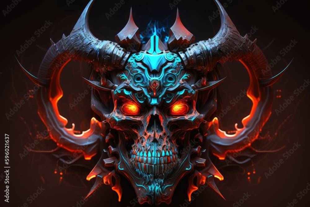 A demonic skull with horns and glowing eyes, created with Generative Ai ...