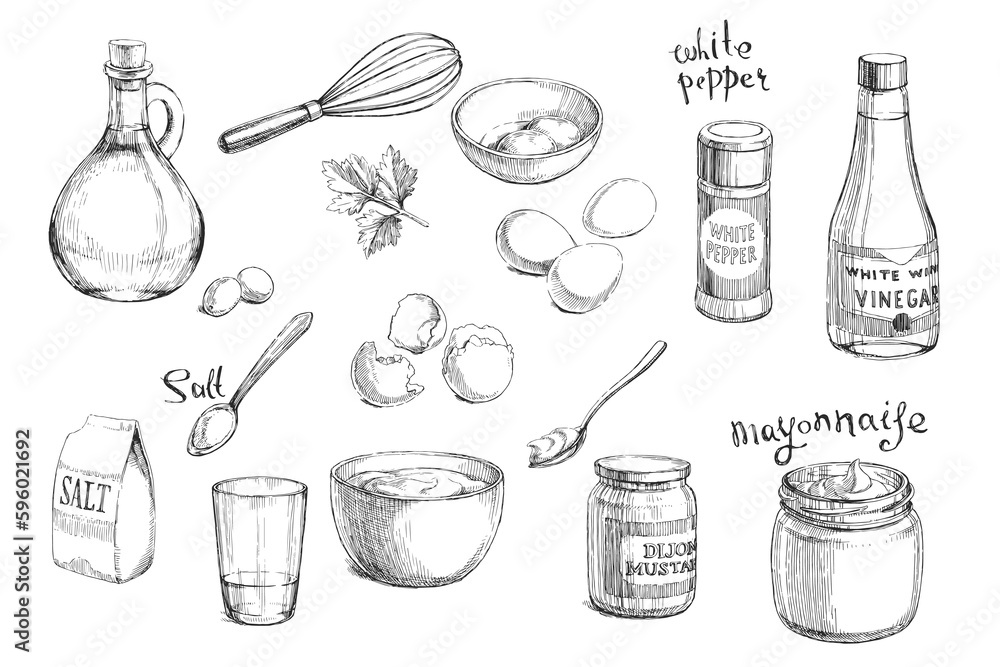 Vector hand-drawn set of ingredients for a mayonnaise recipe isolated ...