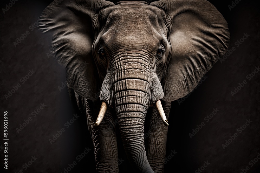 An elephant with tusks standing in the dark, created with Generative Ai Technology