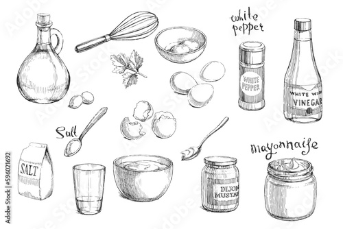 Vector hand-drawn set of ingredients for a mayonnaise recipe isolated on a white background. Illustrations for cooking a classic homemade sauce.