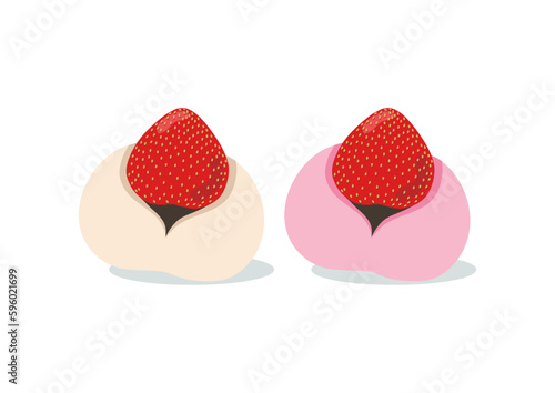 Strawberry Mochi Ichigo Daifuku Wagashi. Traditional japanese dessert. Asian sweet food. Flat vector illustration.