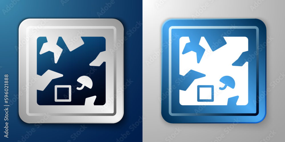 White Broken cardboard box icon isolated on blue and grey background. Box, package, parcel sign. Delivery and packaging. Silver and blue square button. Vector White Broken cardboard box icon isolated on blue and grey background. Box, package, parcel sign. Delivery and packaging. Silver and blue square button. Vector
