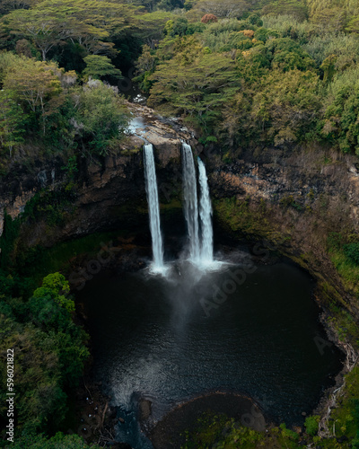 Drone Aerial of Wailua Waterfall on Kauai, Hawaii. High quality photo. Located in Wailua River State Park.