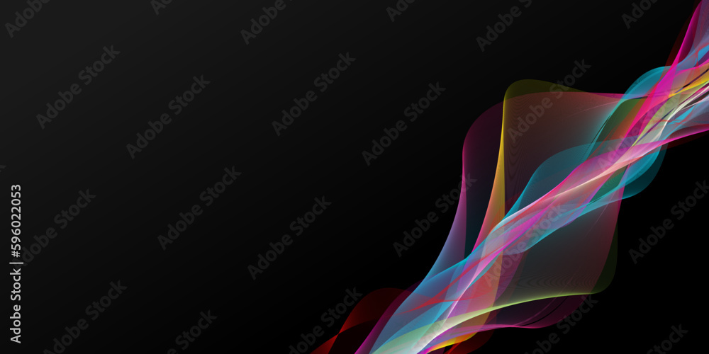 Dark abstract background with bright colorful waves. Shiny moving line design element. Modern blue red purple pink yellow green gradient flowing wave line. Futuristic technology concept.