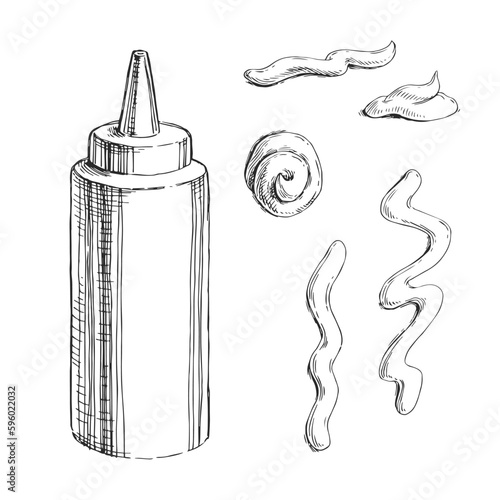 Vector hand-drawn illustration of sauce, isolated on a white background. Sketch of a bottle with ketchup, mustard or mayonnaise and squeezed splashes of different shapes.