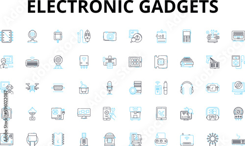 Electronic gadgets linear icons set. smartph, tablet, laptop, desktop, camera, earbuds, smartwatch vector symbols and line concept signs. dr,projector,headset illustration