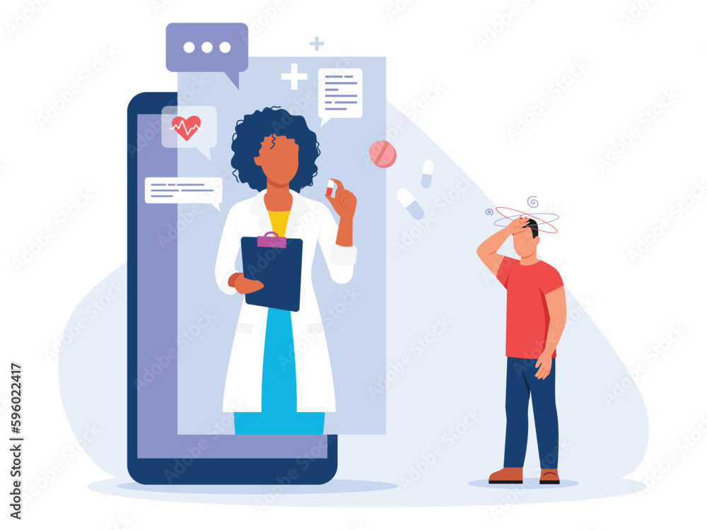 Vector illustration of a consultation with a doctor over the phone. Cartoon scene with a doctor who conducts medical diagnosis online and a guy who is not feeling well isolated on a white background. Vector illustration of a consultation with a doctor over the phone. Cartoon scene with a doctor who conducts medical diagnosis online and a guy who is not feeling well isolated on a white background.