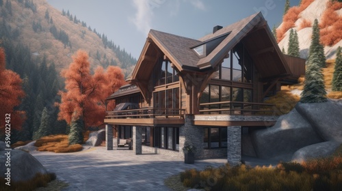 Mountain exterior house design in daytime golden hour generative ai