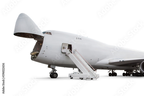 Wide body cargo aircraft with an open nose hatch isolated on white background