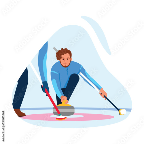Vector illustration of curling game. Cartoon scene with a man playing curling on the ice and launching the puck with the help of brushes to the target isolated on a white. A game on ice between teams.