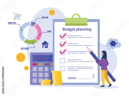 Vector illustration of budget planning. Cartoon scene with woman recording and counting expenses for shopping, house and saving money to piggy bank. Family or personal budget planning.