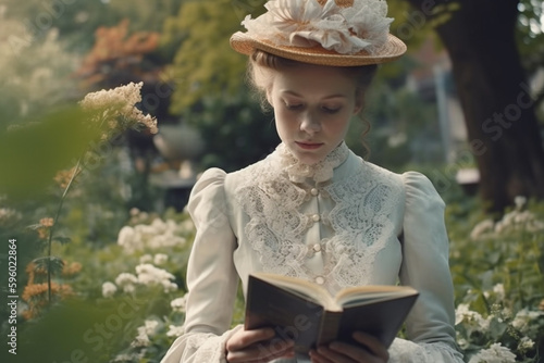Woman in Victorian epoch style clothes reading novel book in garden, created with Generative AI Technology