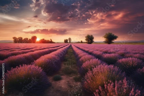 Wonderful nature landscape with blooming lavender flowers at sunset. Generative AI