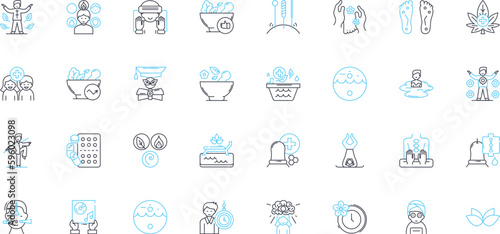 Natural remedies linear icons set. Acupressure, Aromatherapy, Ayurveda, Chamomile, Chiropractic, Cinnamon, Clove line vector and concept signs. Coconut oil,Cranberries,Echinacea outline illustrations