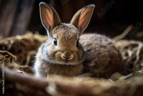 A basket of baby rabbit peeking over the rim, bright eyes full cuteness. Generative AI