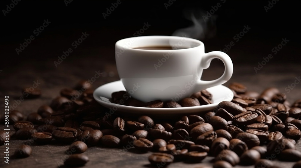 Coffee beans and a cup of coffee on a dark background.generative ai Coffee beans and a cup of coffee on a dark background.generative ai