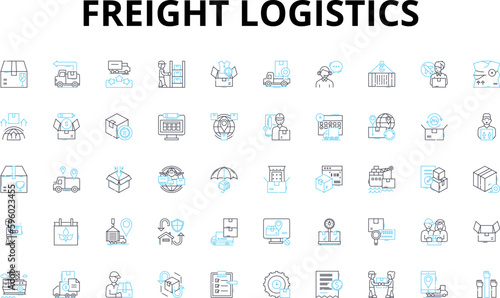 Freight logistics linear icons set. Shipping, Transport, Supply Chain, Warehousing, Distribution, Trucking, Cargo vector symbols and line concept signs. Rail,Airfreight,Freight forwarder illustration photo