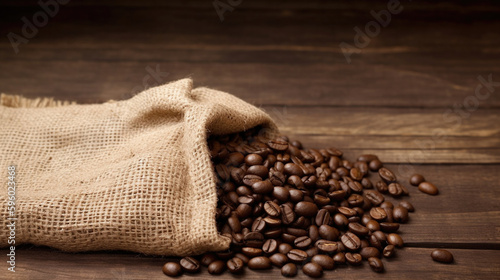 Fresh old sack of coffee grains and brown old wall background, Generative Ai