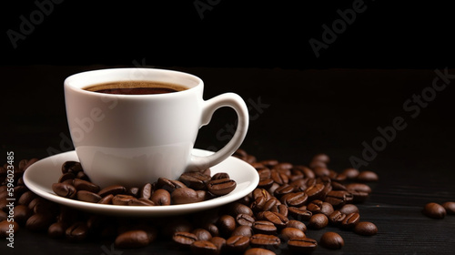 Coffee beans and a cup of coffee on a dark background.generative ai © Rafa Fernandez