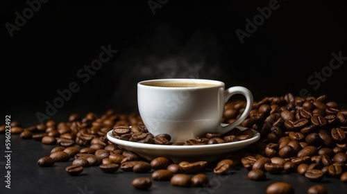 Coffee beans and a cup of coffee on a dark background.generative ai