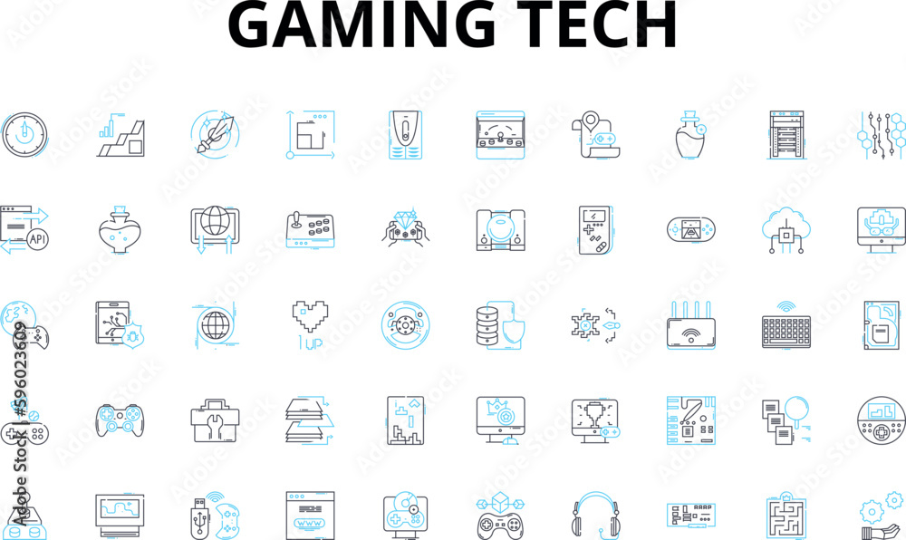 Gaming tech linear icons set. Controller, Console, Graphics, Virtual, Multiplayer, Streaming, Gaming vector symbols and line concept signs. eSports,Joystick,Headset illustration Gaming tech linear icons set. Controller, Console, Graphics, Virtual, Multiplayer, Streaming, Gaming vector symbols and line concept signs. eSports,Joystick,Headset illustration