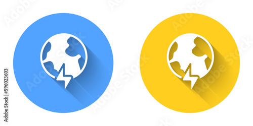 White Global energy power planet with flash thunderbolt icon isolated with long shadow background. Ecology concept and environmental. Circle button. Vector