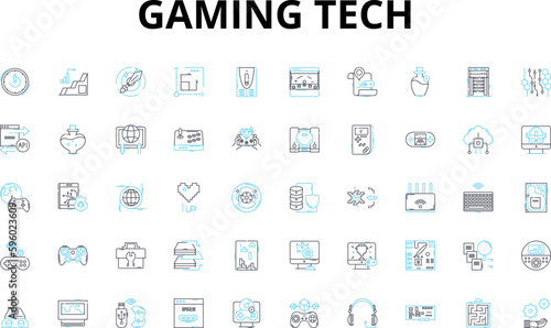 Gaming tech linear icons set. Controller, Console, Graphics, Virtual, Multiplayer, Streaming, Gaming vector symbols and line concept signs. eSports,Joystick,Headset illustration