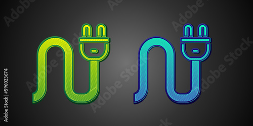 Green and blue Electric plug icon isolated on black background. Concept of connection and disconnection of the electricity. Vector